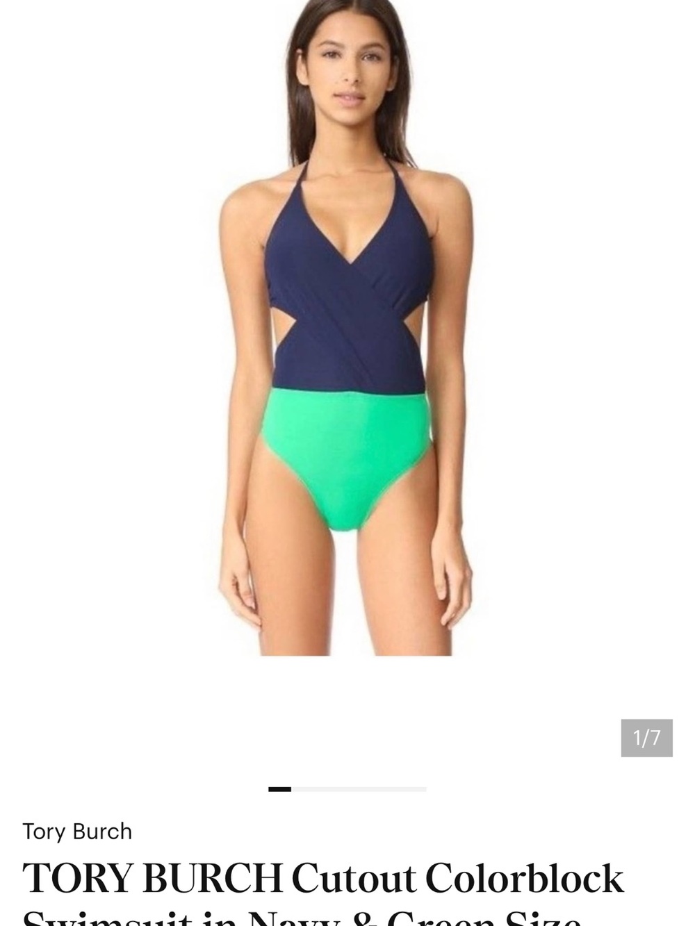 Tory Burch Navy and Garden Green Wrap One-Piece Swimsuit with Gold Accents
